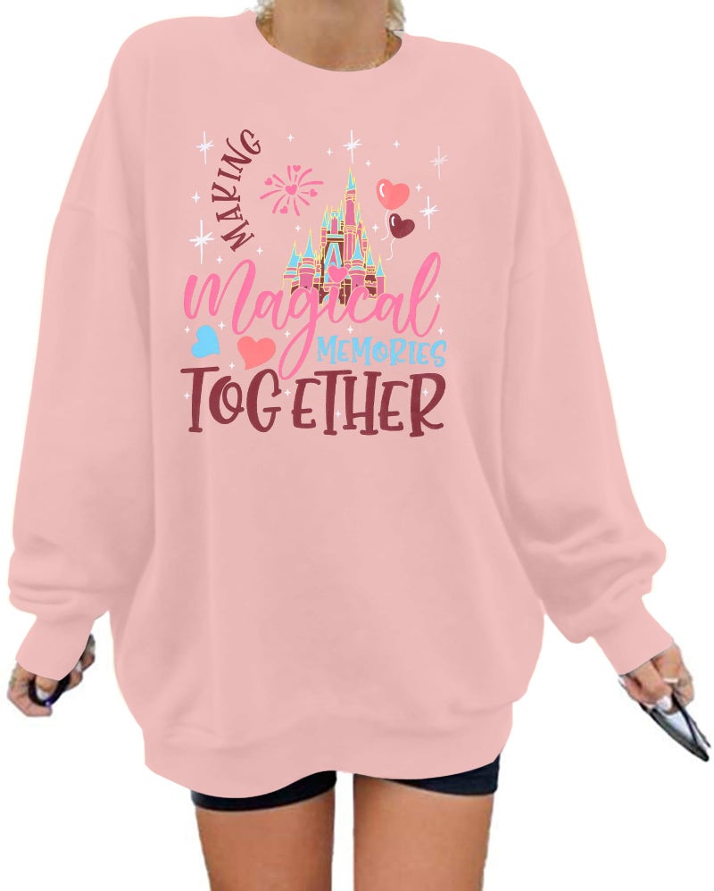 MYHALF Oversized Magic Kingdom Sweatshirts Women: Magical Castle Graphic Shirts Funny Letter Print Long Sleeve Crewneck Tops - Image 2