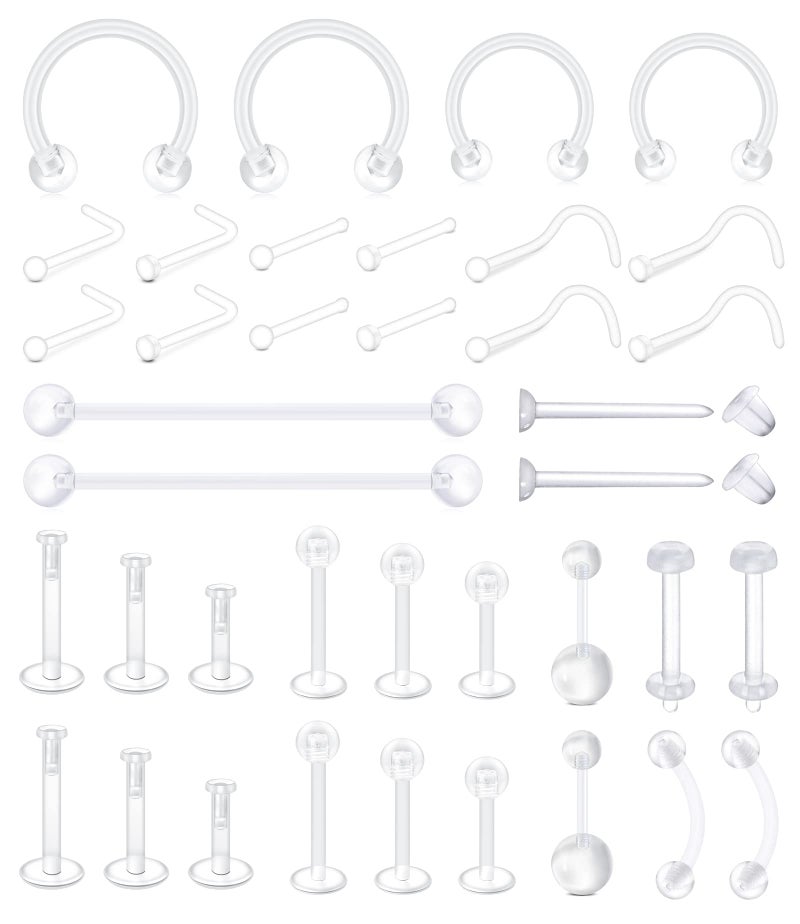 Mayhoop 38pcs Clear Piercing Retainers For Surgery Bioflex Nose Rings Belly Rings Septum Eyebrow Lip Cartilage Tragus Earring Retainer Industrial Bar Plastic Piercing Jewelry For Work - Image 1