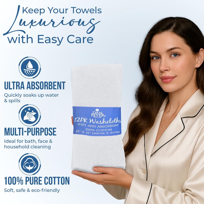 DAN RIVER 24 Pack Wash Cloths for Showering [12x12] - 100% Cotton Washcloths Premium Quality Flannel Face Cloths for Bathroom, Highly Absorbent and Soft Feel Wash Clothes, White - Image 4