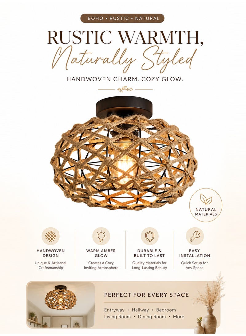 Yuanze Bohemian Hemp Rope Ceiling Light, Flush Mount Ceiling Lamp for Bedroom, Kitchen & Hallway Decor Lighting - Image 2