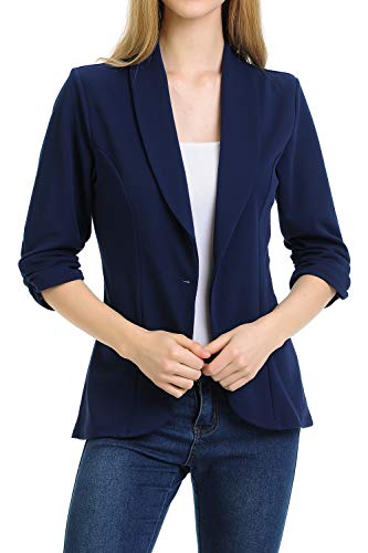 MINEFREE Women's 3/4 Ruched Sleeve Lightweight Work Office Blazer Jacket Navy L - Image 5