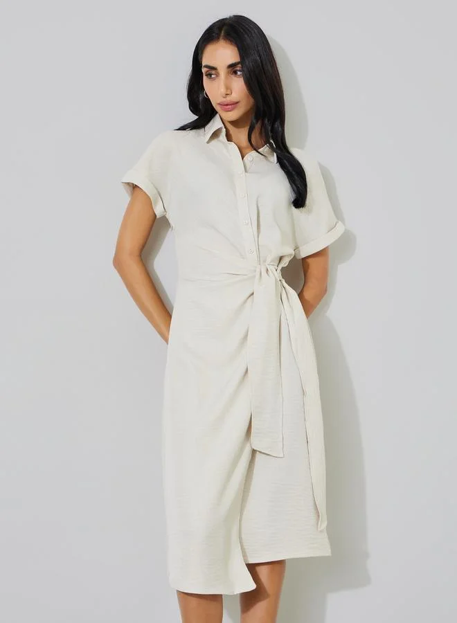 ستايلي Cream Sloid Tie-Up Detail Short Cap Sleeves Shirt Midi Dress