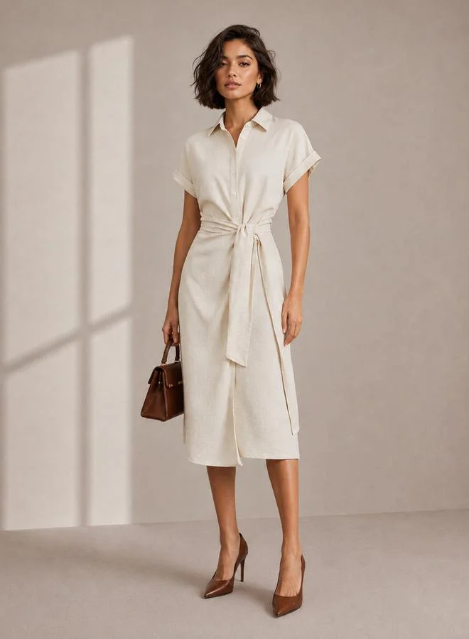 ستايلي Cream Sloid Tie-Up Detail Short Cap Sleeves Shirt Midi Dress