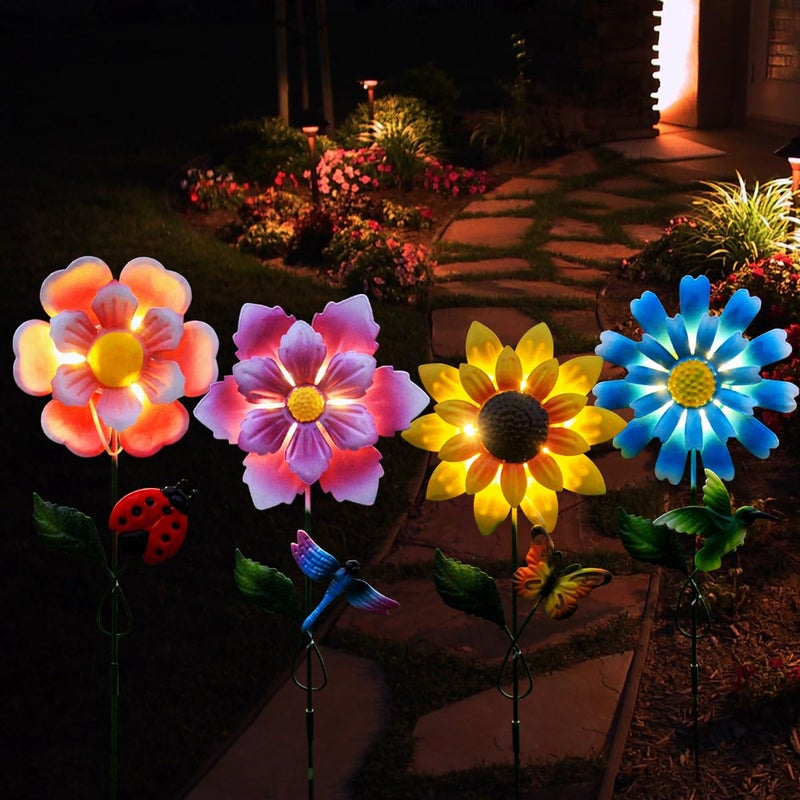 GUANFU Solar Garden Stakes Lights for Outdoor Decor, 4 Pack Waterproof Metal Art Stick Flowers, Light for Outside Garden Patio Pathway Yard Backyard Porch Lawn - Image 1