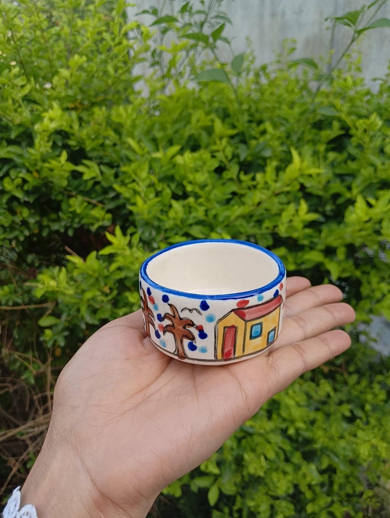 MALAIKAH Ceramic Hut Printed Round Shape Bowl Chutney Bowls for Serving Dip Bowls (Set of 2, 80 ML, Multicolored, Dishwasher Safe) | Hand Painted Bowls for Kitchen Dining Table Bowl Set - Image 4