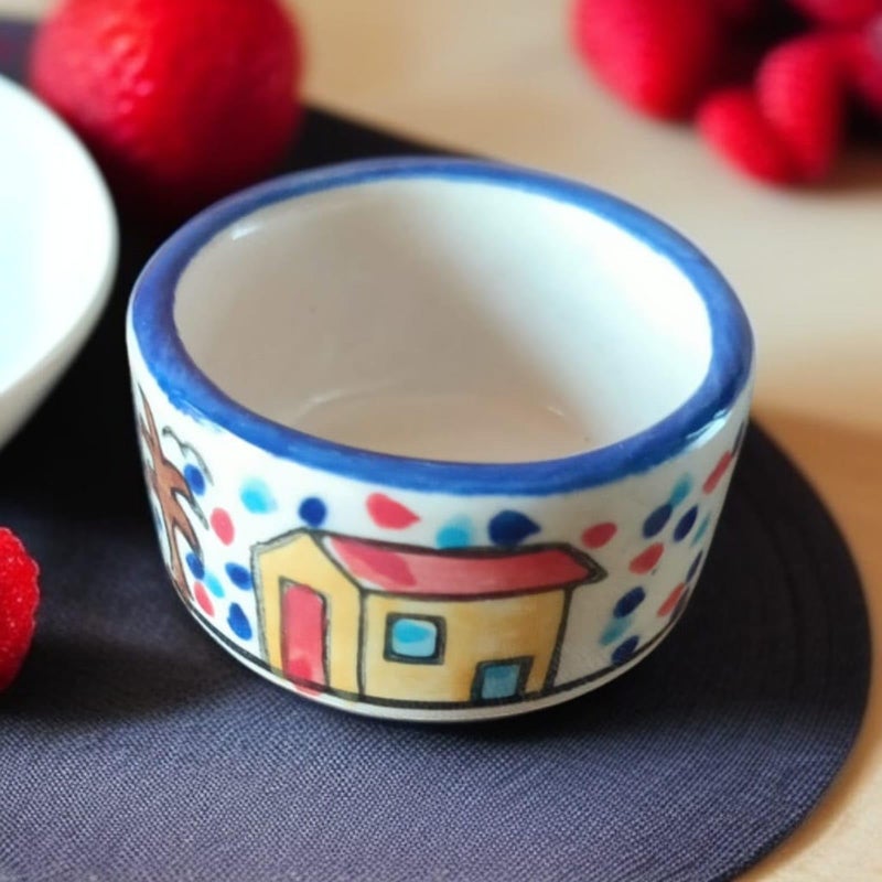 MALAIKAH Ceramic Hut Printed Round Shape Bowl Chutney Bowls for Serving Dip Bowls (Set of 2, 80 ML, Multicolored, Dishwasher Safe) | Hand Painted Bowls for Kitchen Dining Table Bowl Set - Image 2