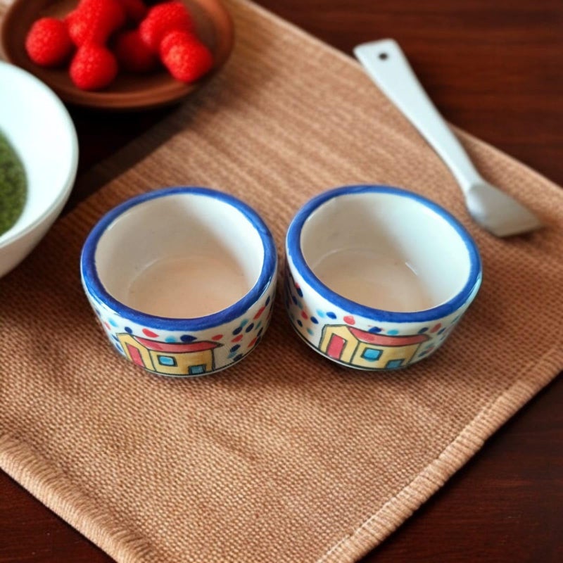 MALAIKAH Ceramic Hut Printed Round Shape Bowl Chutney Bowls for Serving Dip Bowls (Set of 2, 80 ML, Multicolored, Dishwasher Safe) | Hand Painted Bowls for Kitchen Dining Table Bowl Set - Image 1