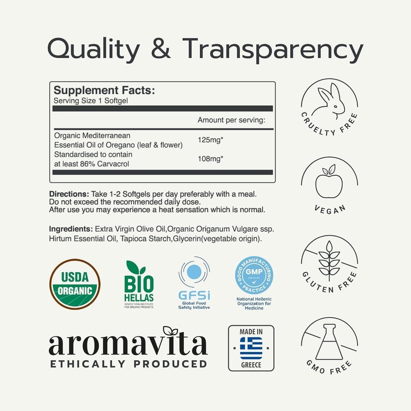 Aromavita Organic Oregano Oil Capsules Extra Strength with 8690 Carvacrol Immune Digestive Support Natural Antioxidant Vegan Herbal Supplement Greek Fast Absorption 60 Capsules - Image 3