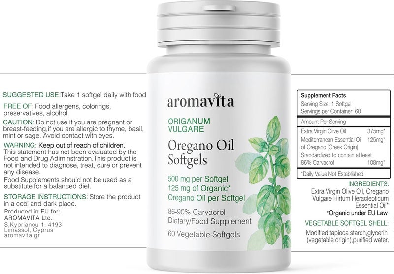 Aromavita Organic Oregano Oil Capsules Extra Strength with 8690 Carvacrol Immune Digestive Support Natural Antioxidant Vegan Herbal Supplement Greek Fast Absorption 60 Capsules - Image 2