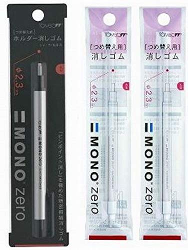 Tombow Mono Zero Eraser Round Tip Retractable Silver Barrel and 2 Refills - Image 1