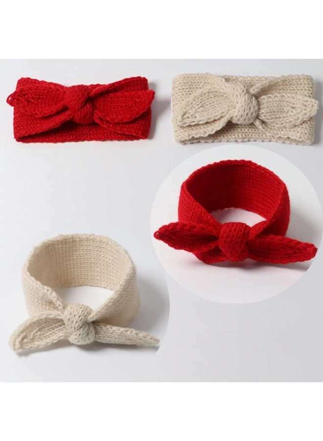IZUS Turban Headband Baby Girl - Warm Rabbit Knot Hair Band, Knit Head Wrap for Newborn, Toddler and Children (Red + Beige) - Image 4