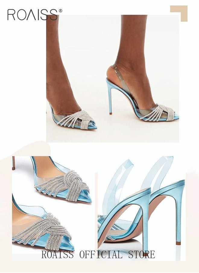 roaiss - Women Rhinestone Decor Stiletto Heeled Pumps Glamorous Banquet Slingback Pumps Fashion Crystal High Heels Slip On Slingback Pointed Closed Toe Transparent PVC Dress Wedding Sandals Summer Shoes - Image 1