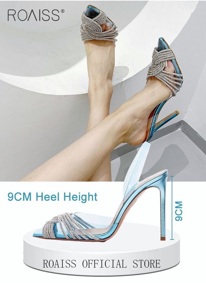 roaiss - Women Rhinestone Decor Stiletto Heeled Pumps Glamorous Banquet Slingback Pumps Fashion Crystal High Heels Slip On Slingback Pointed Closed Toe Transparent PVC Dress Wedding Sandals Summer Shoes - Image 1