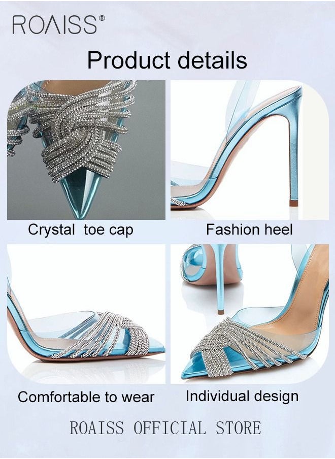roaiss - Women Rhinestone Decor Stiletto Heeled Pumps Glamorous Banquet Slingback Pumps Fashion Crystal High Heels Slip On Slingback Pointed Closed Toe Transparent PVC Dress Wedding Sandals Summer Shoes - Image 1