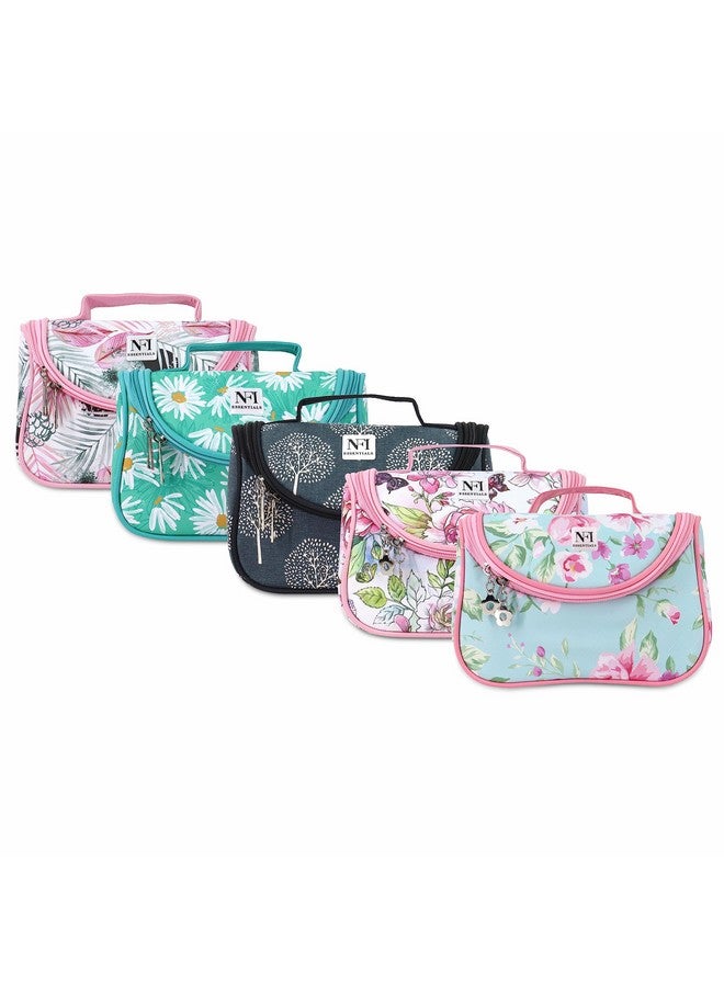 NFI essentials Floral Print Cosmetics Pouch Makeup Pouch, Pack of 5 (L Pink, D Green, Black, Green & Pink) - Image 1