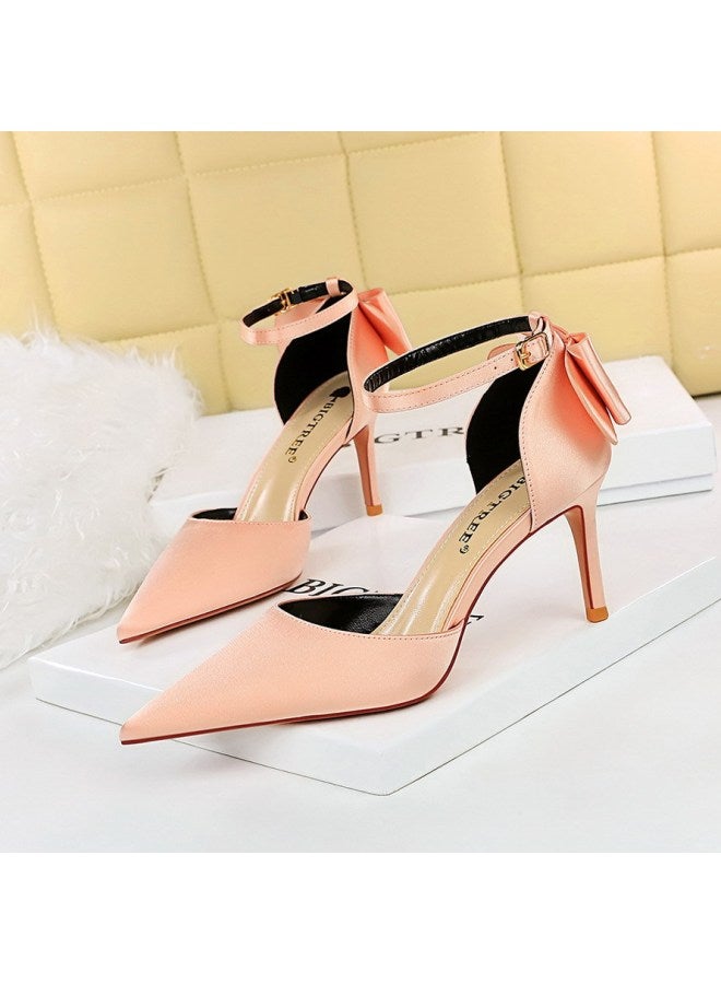 5196-1 Of Sweet Women's Shoes Thin Heel High Heel Low Mouth Pointed Satin Hollow Back Bow Strap Sandals