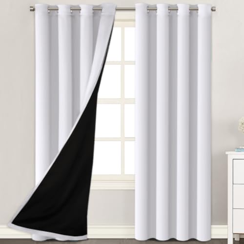 H.VERSAILTEX HVERSAILTEX 100 Blackout Curtains 84 inches Long Noise Blocking Out Drapes for Bedroom Thermal Insulated Guest Room Lined Window Dressing 2 Panels 52 x 84 inch White Front with Black Line