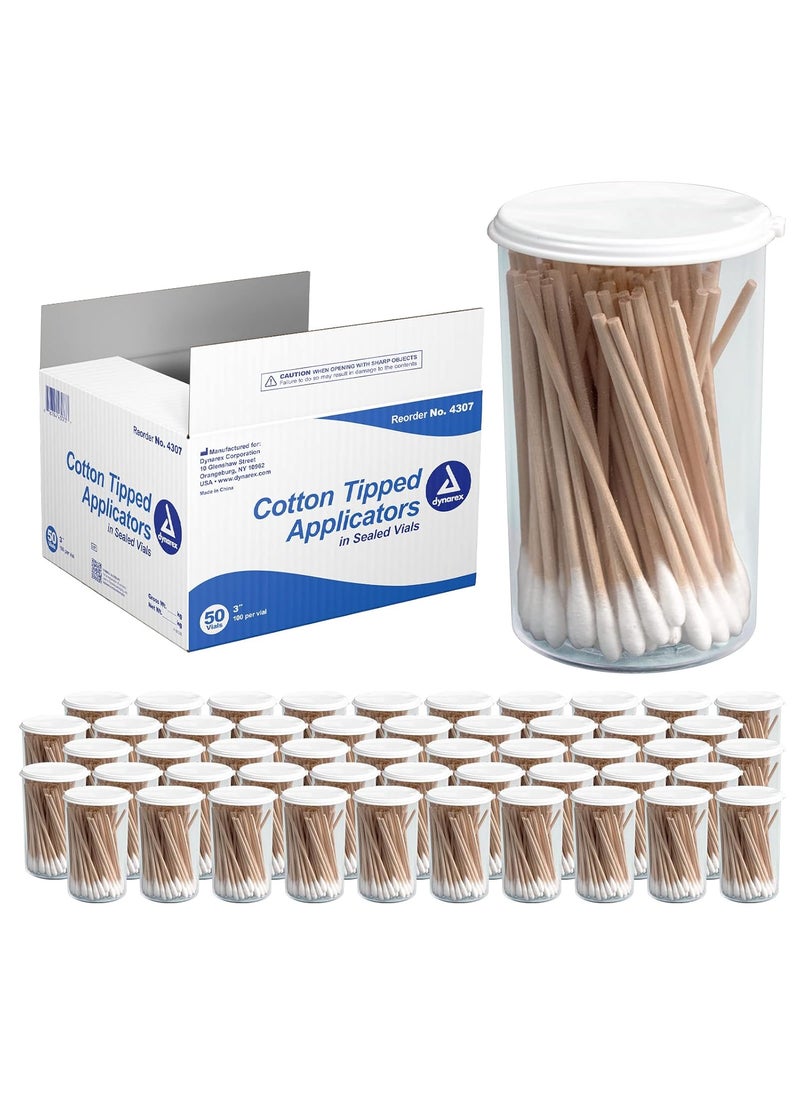 Dynarex Dynarex 3-Inch Non-Sterile Cotton Tipped Applicators - Single-Use Wooden Cotton Tip Applicators for Wound Care & Dressing, Personal Hygiene & Make Up - 50 Vials, 100 per Sealed Vial 