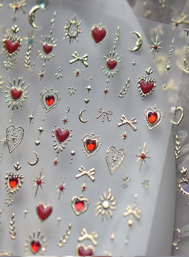 TailaiMei 2 Sheets Embossed Golden Heart Nail Stickers, 3D Design Self-Adhesive Nail Art Decals for DIY Nail Decorations (504) - Image 1