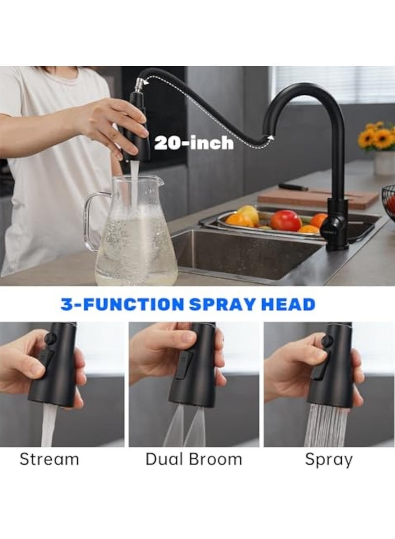 YelaJoy Black Kitchen Faucet, Kitchen Sink Mixer Tap with Pull Down Sprayer Matte Black, 1 Hole Stainless Steel Kitchen Mixer 3 Modes - Image 4