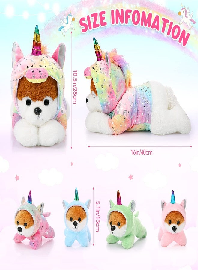 سكايليتي مجموعة سكايليتي المكونة من 5 قطع من دمى الكلاب المحشوة، تتضمن كلبة أم كبيرة مع 4 جراء صغيرة لطيفة وناعمة، مثالية لحفلات أعياد ميلاد الأطفال (جراء وحيد القرن). - Image 2