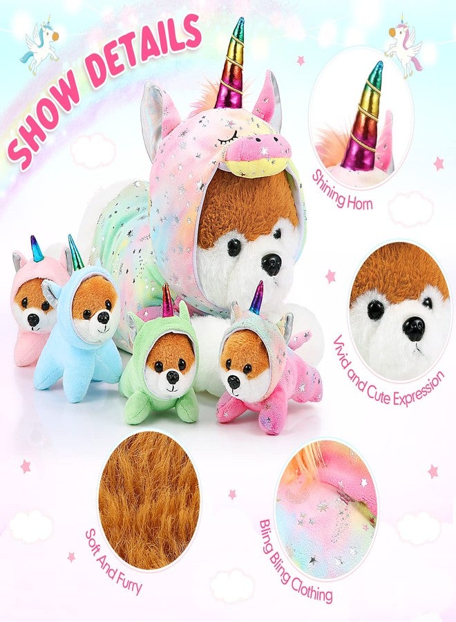 سكايليتي مجموعة سكايليتي المكونة من 5 قطع من دمى الكلاب المحشوة، تتضمن كلبة أم كبيرة مع 4 جراء صغيرة لطيفة وناعمة، مثالية لحفلات أعياد ميلاد الأطفال (جراء وحيد القرن). - Image 4
