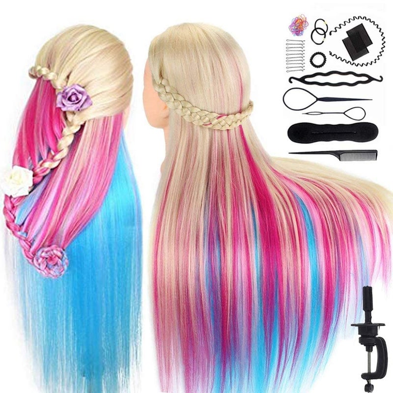 Mannequin Head with Hair MYSWEETY 29 Inch Colorful Hair Mannequin Head Hairdressing Practice Training Doll Heads Cosmetology Hair Styling Mannequins Heads with Clamp  Practice Tools