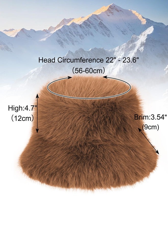 LA CARRIE Women's Fuzzy Wide Brim Faux Fur Bucket Hat Winter Warmer Fisherman Cap(Brown) - Image 3