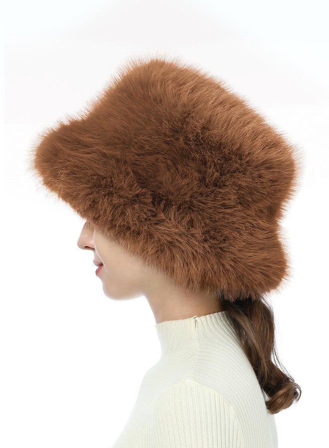 LA CARRIE Women's Fuzzy Wide Brim Faux Fur Bucket Hat Winter Warmer Fisherman Cap(Brown) - Image 5