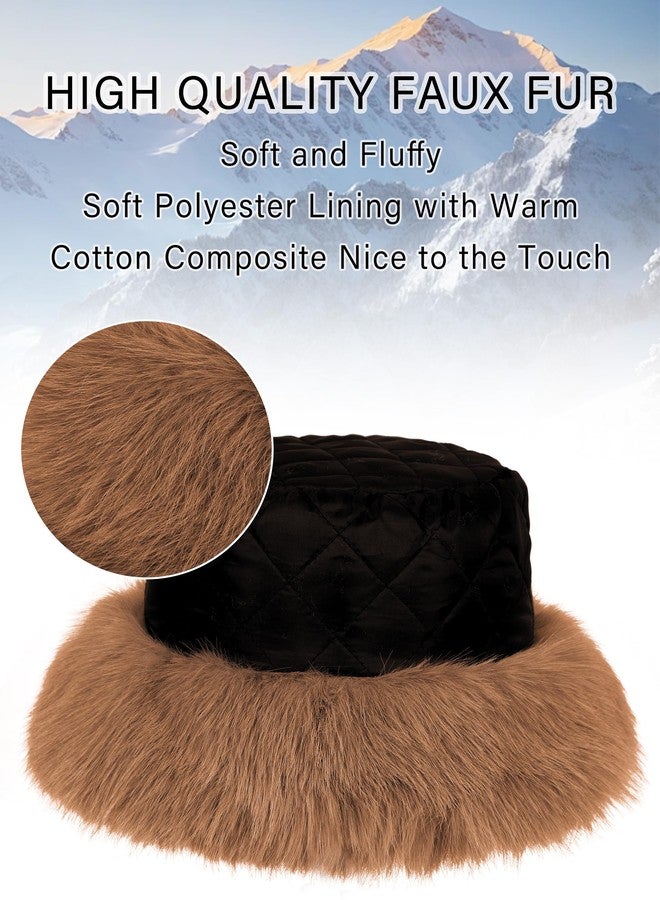 LA CARRIE Women's Fuzzy Wide Brim Faux Fur Bucket Hat Winter Warmer Fisherman Cap(Brown) - Image 2