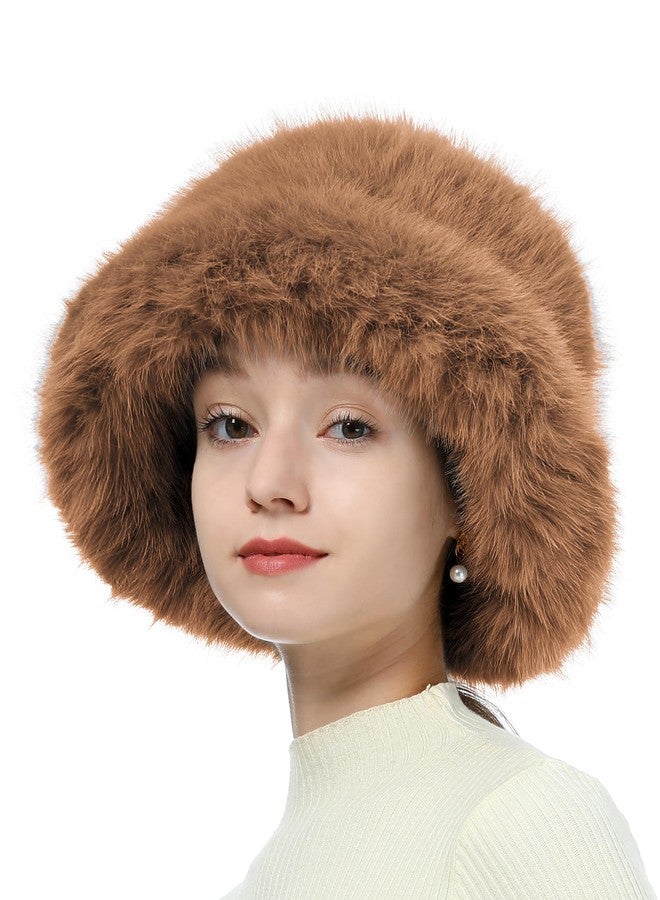 LA CARRIE Women's Fuzzy Wide Brim Faux Fur Bucket Hat Winter Warmer Fisherman Cap(Brown) - Image 4