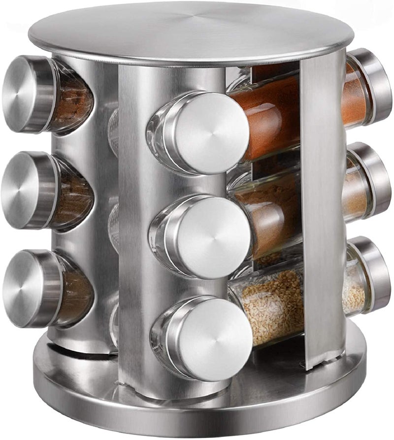 Jolfay Multipurpose Stainless Steel And Glass Revolving Hanging Shelves Countertop Spice Rack 12 In 1 / Masala Rack Set/Condiment Face, Nose Set/Spice Container (Multi) - Image 1