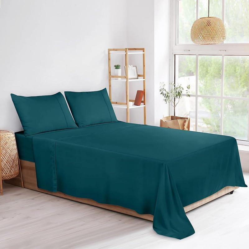 UmI. Brand Umi Flat Double Bed Bedsheet Soft Brushed Microfiber Fabric Shrinkage Fade Resistant Top Sheet Easy Care 1 King Size Bedsheet and 2 Pillow Covers 92x102 Inches Teal - Image 3