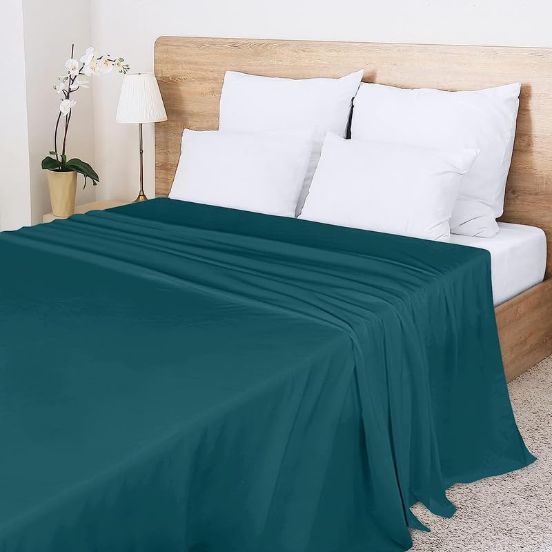 UmI. Brand Umi Flat Double Bed Bedsheet Soft Brushed Microfiber Fabric Shrinkage Fade Resistant Top Sheet Easy Care 1 King Size Bedsheet and 2 Pillow Covers 92x102 Inches Teal - Image 2