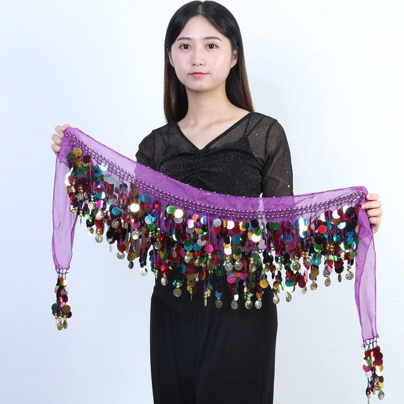 Belly dance waist chain hip towel skirt new Indian dance watch performance waist seal copper gong belt sequined tassel waist towel dance Purple