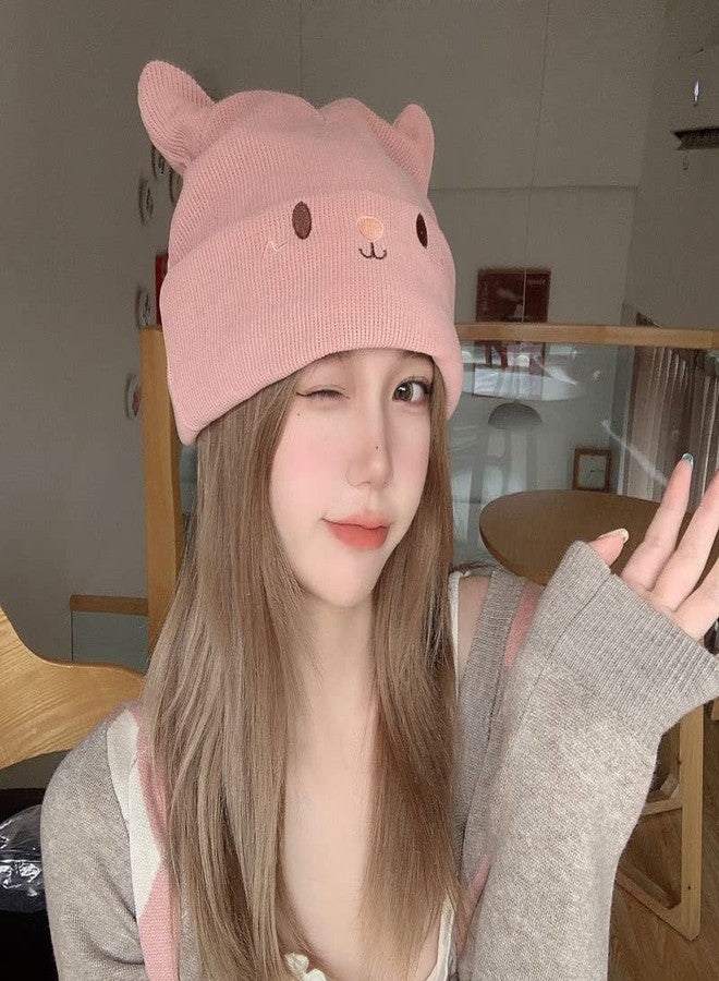 Suillty Women's Teen Girls Knitted Cat Kitty Cuffed Beanie Hat Winter Outdoor Stretchy Ski Skullies Caps Pink - Image 3