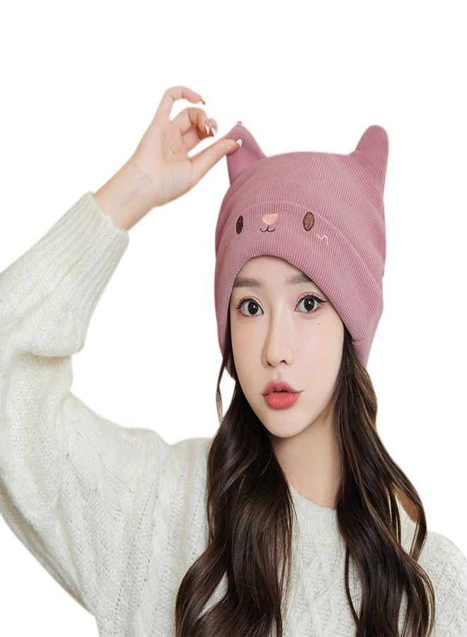 Suillty Women's Teen Girls Knitted Cat Kitty Cuffed Beanie Hat Winter Outdoor Stretchy Ski Skullies Caps Pink - Image 1