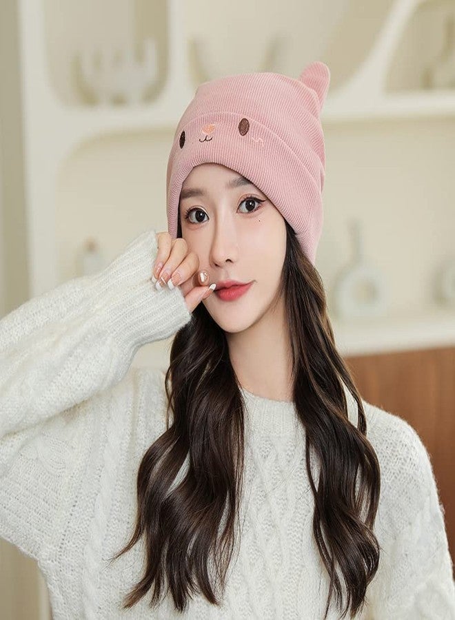 Suillty Women's Teen Girls Knitted Cat Kitty Cuffed Beanie Hat Winter Outdoor Stretchy Ski Skullies Caps Pink - Image 2