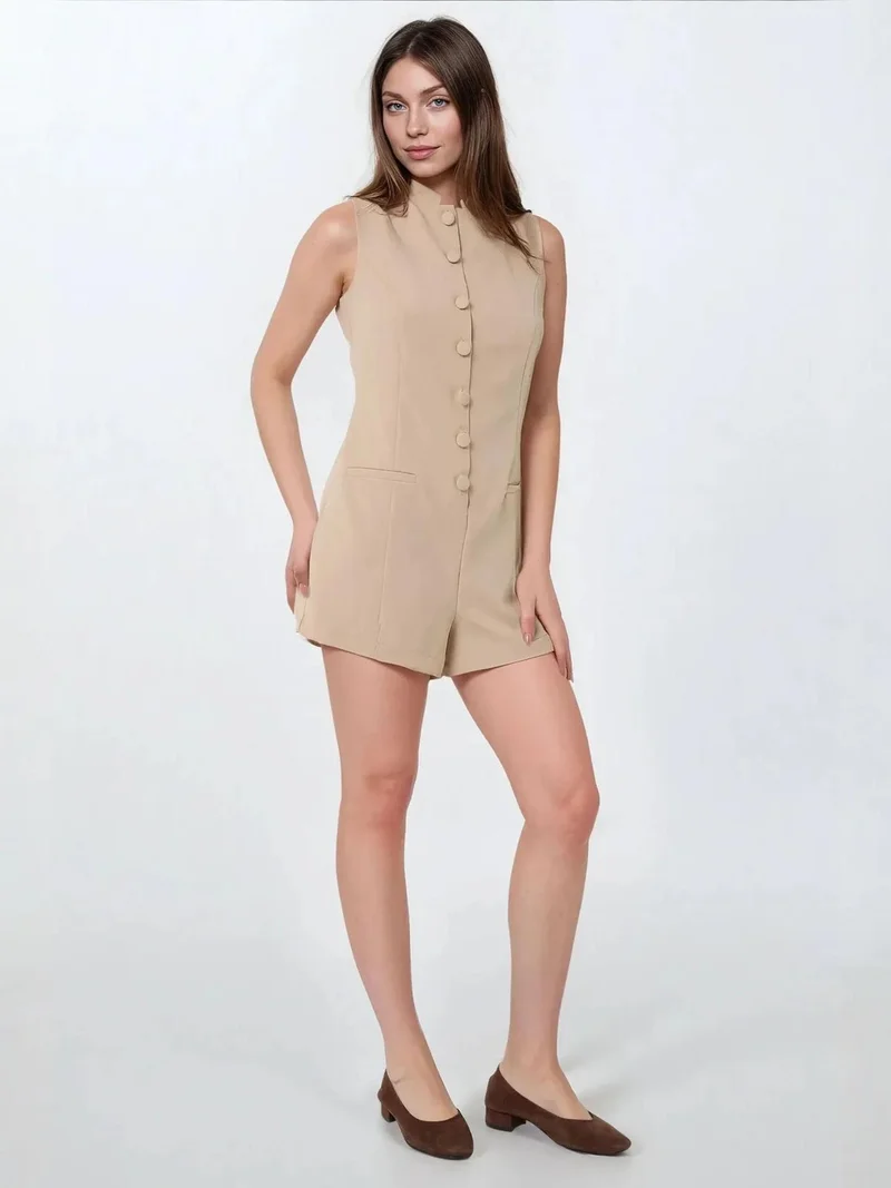 HICCUP Short Leg Crew Neck Jumpsuit with Button Detail