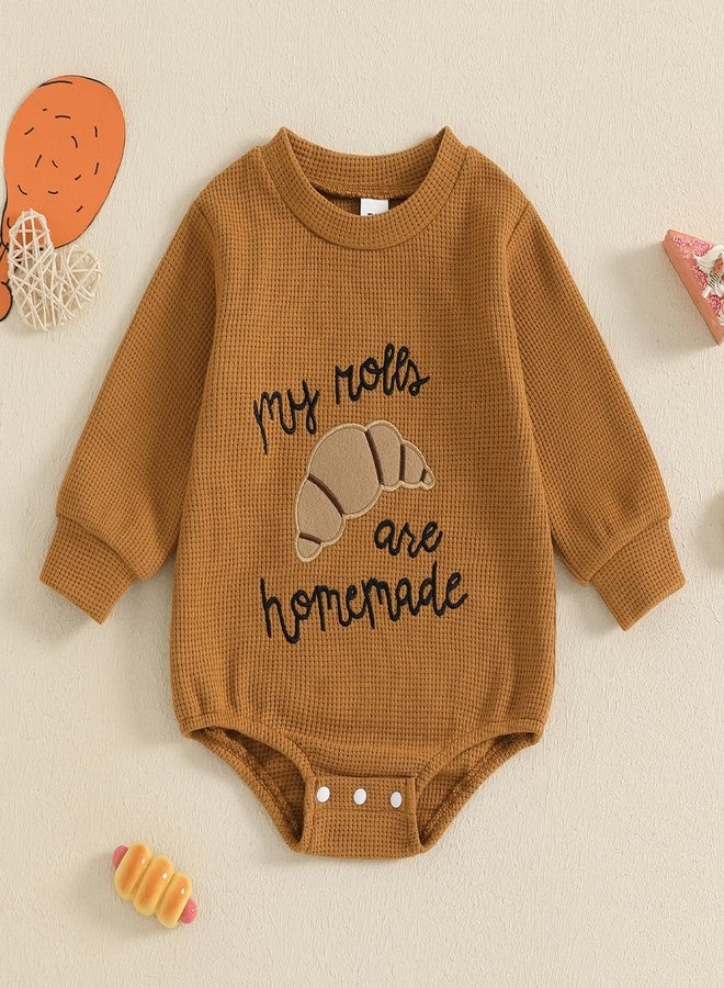 KMBANGI Newborn Baby Boy Girl Thanksgiving Outfits Long Sleeve Bubble Sweatshirt Romper Baby Waffle One Piece Fall Outfit (Brown, 6-12 Months) - Image 2