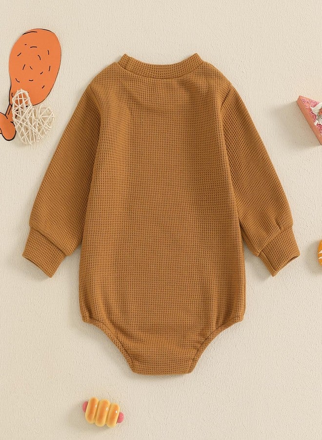 KMBANGI Newborn Baby Boy Girl Thanksgiving Outfits Long Sleeve Bubble Sweatshirt Romper Baby Waffle One Piece Fall Outfit (Brown, 6-12 Months) - Image 4