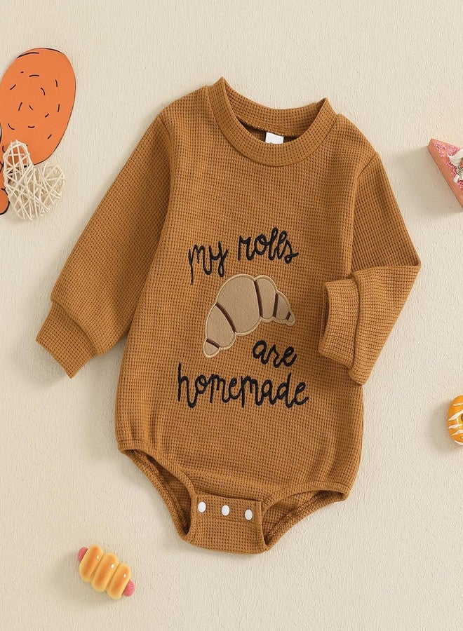 KMBANGI Newborn Baby Boy Girl Thanksgiving Outfits Long Sleeve Bubble Sweatshirt Romper Baby Waffle One Piece Fall Outfit (Brown, 6-12 Months) - Image 3