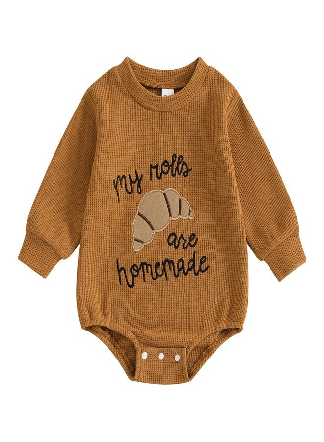 KMBANGI Newborn Baby Boy Girl Thanksgiving Outfits Long Sleeve Bubble Sweatshirt Romper Baby Waffle One Piece Fall Outfit (Brown, 6-12 Months) - Image 1