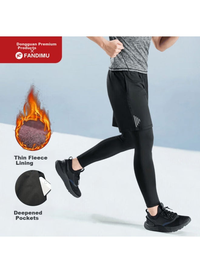 Fandimu Men's Fleece-lined Sports Compression Leggings Two-piece Set High Elastic Breathable Fitness Running Warm Training Tights - Image 1