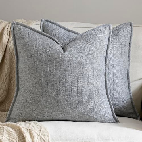 DEZENE 18x18 Linen Pillow Covers Steel Blue Pack of 2 Farmhouse Boho Neutral Accents Striped Textured Square Decorative Throw Pillow Cases for Living Room Couch Bed Home Decor - Image 1