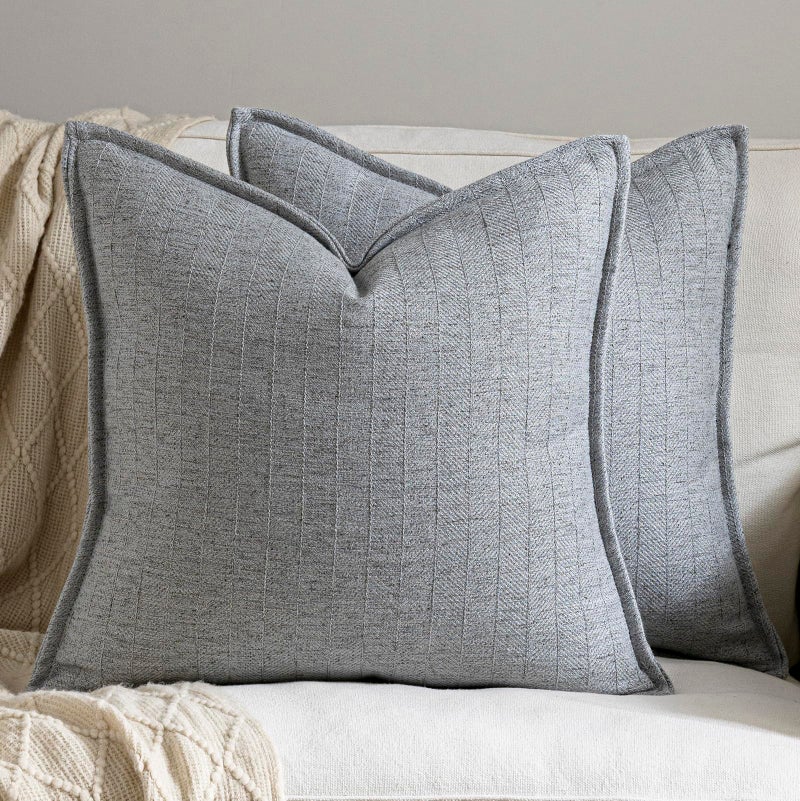 DEZENE 18x18 Linen Pillow Covers Steel Blue Pack of 2 Farmhouse Boho Neutral Accents Striped Textured Square Decorative Throw Pillow Cases for Living Room Couch Bed Home Decor - Image 2