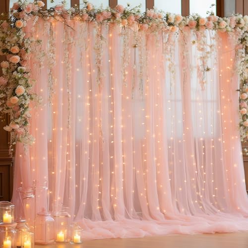 PARTISKY 10x10ft Peach Tulle Backdrop Curtain with Lights String for Parites, Sheer Backdrop Curtains for Wedding Baby Shower Birthday Party Photo Shoot Decorations - Image 1