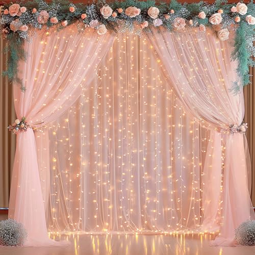 PARTISKY 10x10ft Peach Tulle Backdrop Curtain with Lights String for Parites, Sheer Backdrop Curtains for Wedding Baby Shower Birthday Party Photo Shoot Decorations - Image 3