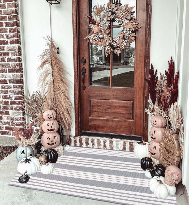 BUAGETUP Grey and White Striped Rug 24'' x 51''Outdoor Front Porch Rug Hand-Woven Machine Washable Layered Door Mats for Entryway/Bedroom/Outdoor - Image 5