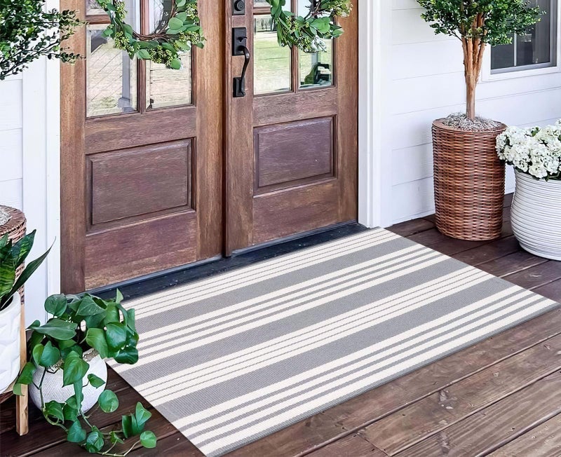 BUAGETUP Grey and White Striped Rug 24'' x 51''Outdoor Front Porch Rug Hand-Woven Machine Washable Layered Door Mats for Entryway/Bedroom/Outdoor - Image 1